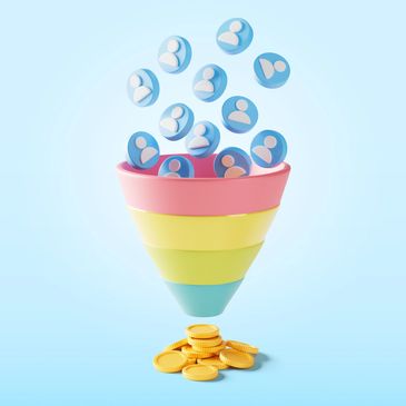 Colorful funnel turning user icons into coins, symbolizing conversion.