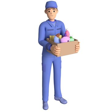Delivery person holding a box of cleaning supplies.