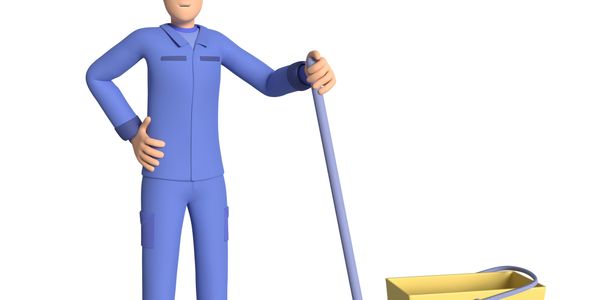 3D illustration of a janitor in blue uniform with cleaning tools.