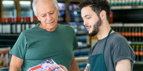 A young worker helps an older customer at a store.
