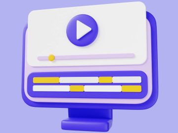 3D illustration of a video player interface with playback controls.