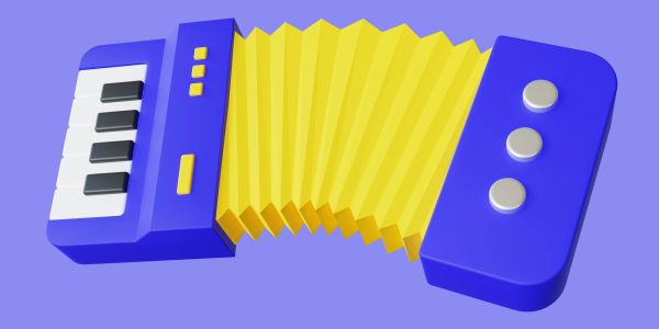 Colorful accordion toy with blue, yellow, and white keys.