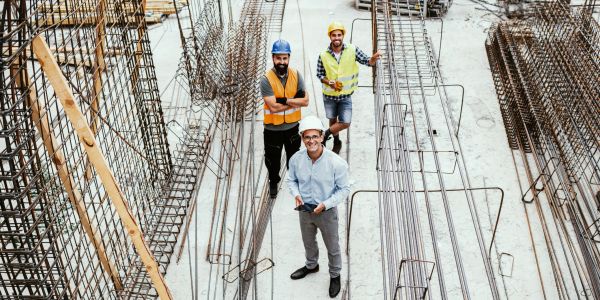 Three construction workers at a building site among metal framework.
