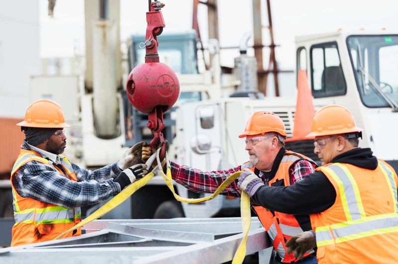 A multiracial group of three construction workers working together to prepare a large object to be hoisted with a mobile crane. They are attaching the lifting straps to a hook.