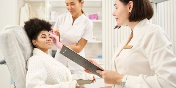 Woman receiving a cosmetic treatment at a clinic.