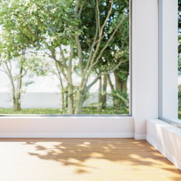 Sunlit empty room with large windows overlooking green trees.