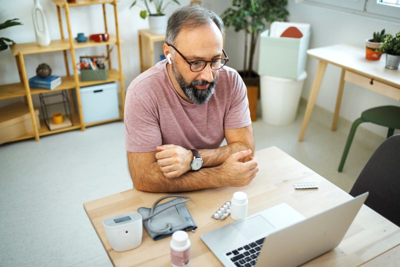 Handsome mature man having online meeting with his doctor from his apartment