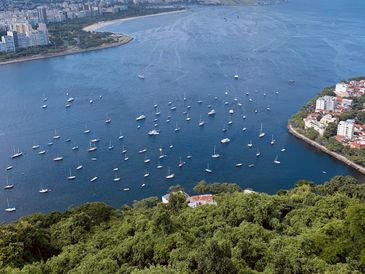 Aerial view of many boats anchored in a bay near a coastal city.
