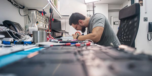 Man repairing electronics in a workshop.