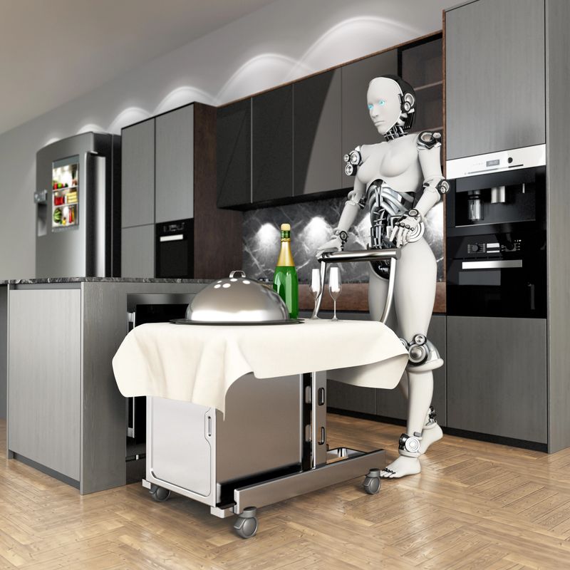 Female humanoid robot working in the kitchen, serving the meal. Conceptual 3D cgi high-tech robots doing housework.