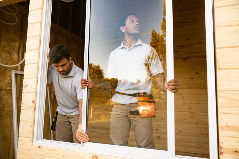 Construction workers installing windows on wooden house