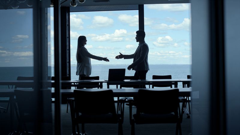 Partners silhouette shaking hands at marina view office. Unknown business team celebrating successful deal cooperation. Unrecognized manager greeting client coworker in dark interior conference room