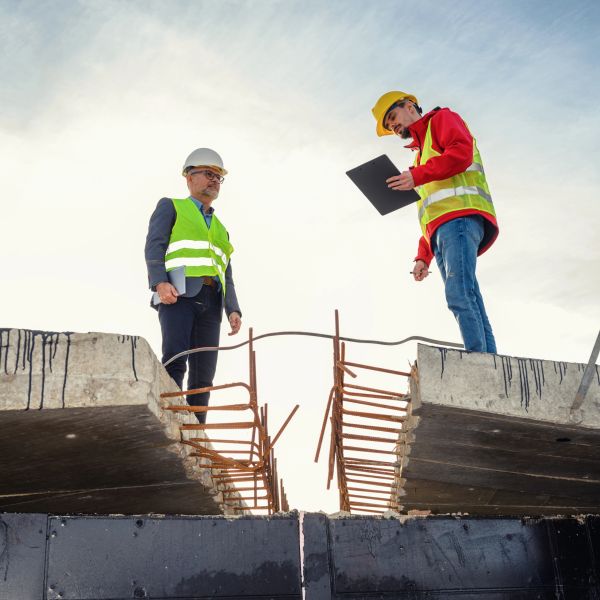 Two construction workers inspecting a bridge gap.