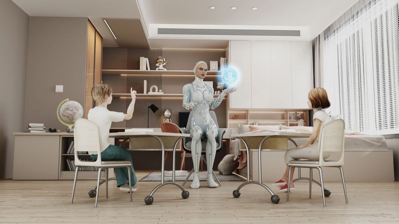 Female humanoid robot teaching kids in the room. Hi-tech robotics and homeschooling concept. Android figure designed and posed with Smith Micro Poser software and no real human images have been used as texture maps.