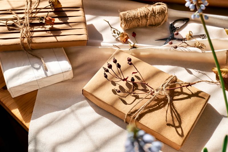 Gifts wrapped in recycled paper and decorated with dried flowers on linen tablecloth. Natural aesthetic. Zero waste, plastic free, trendy, handmade gift package.