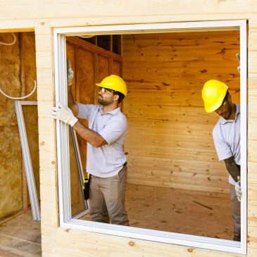 Two construction workers installing a window frame in a wooden building.