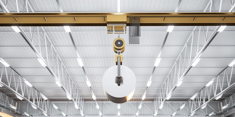 3d rendering of roll steel, stainless or galvanized steel coil inside factory or warehouse. Include overhead crane, hoist hook. To lift industrial product in manufacturing or production process.