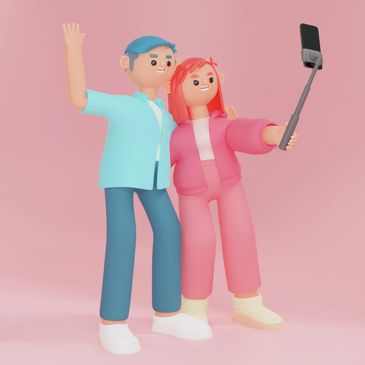 Two cartoon characters taking a selfie with a selfie stick against a pink background.