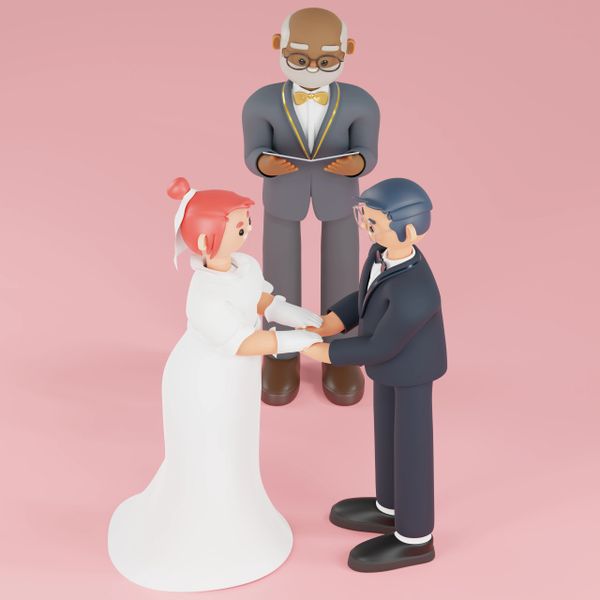 3D illustration of a wedding ceremony with a couple and an officiant.
