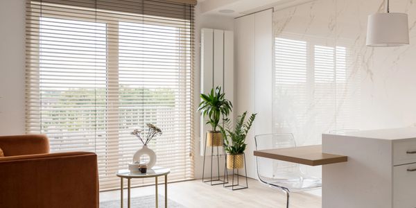 Bright modern living room with large window blinds and cozy seating.
