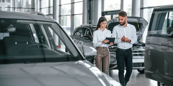 Two people discussing cars inside a dealership.