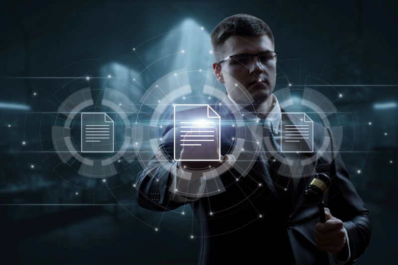 Concept Modern technologies in legal practice. Lawyer works with electronic documents on a virtual computer screen.