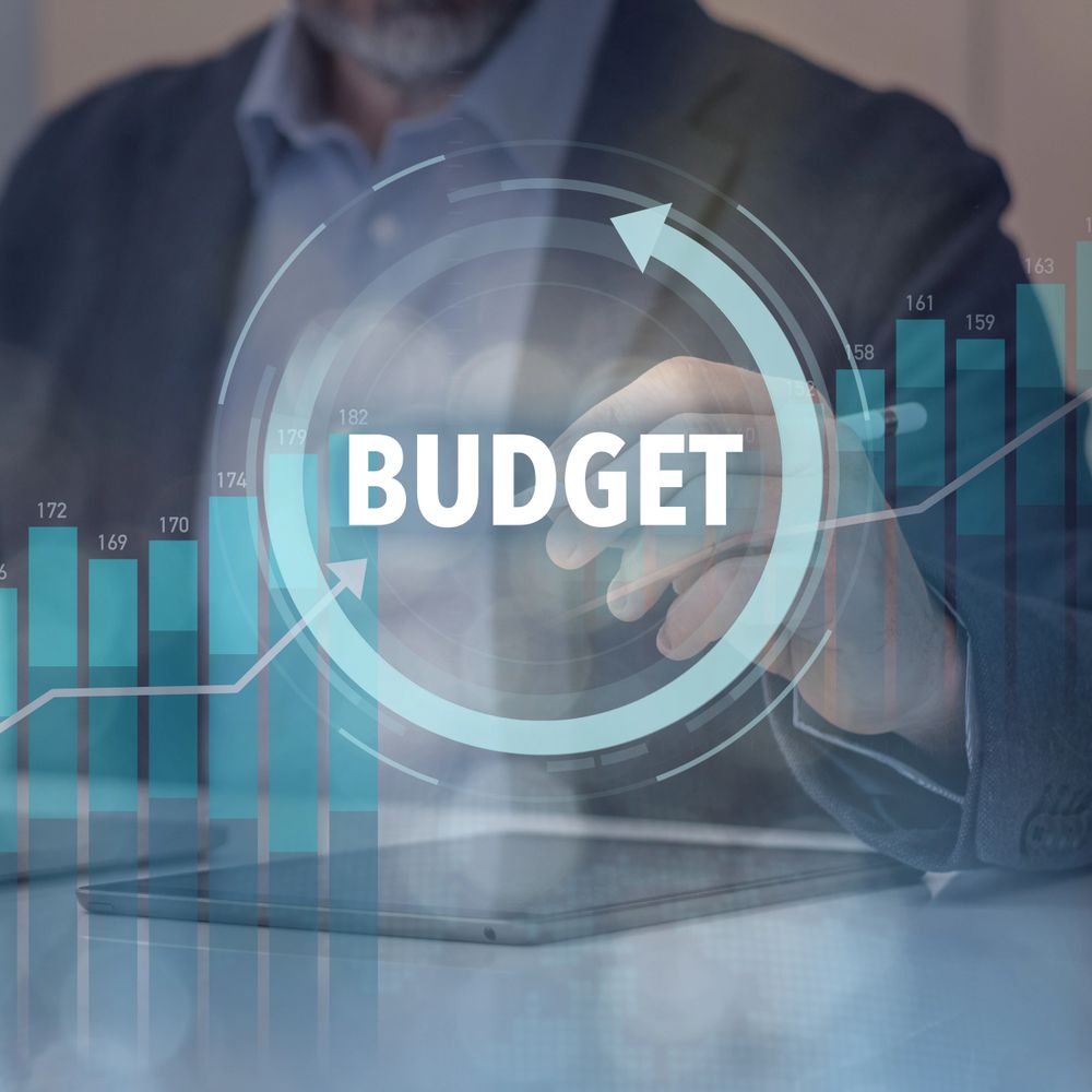 Businessman analyzing budget data with digital graphs and charts.