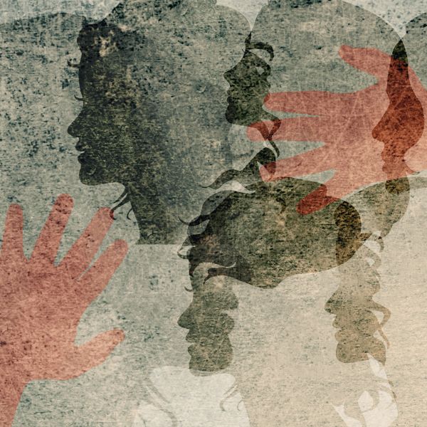 Abstract hands and profile silhouettes overlapping art.