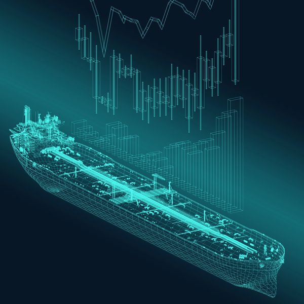 Modelo digital de um navio com gráficos financeiros.