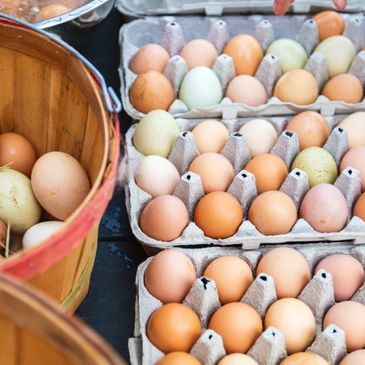 Farm fresh eggs in baskets and cartons at a market.