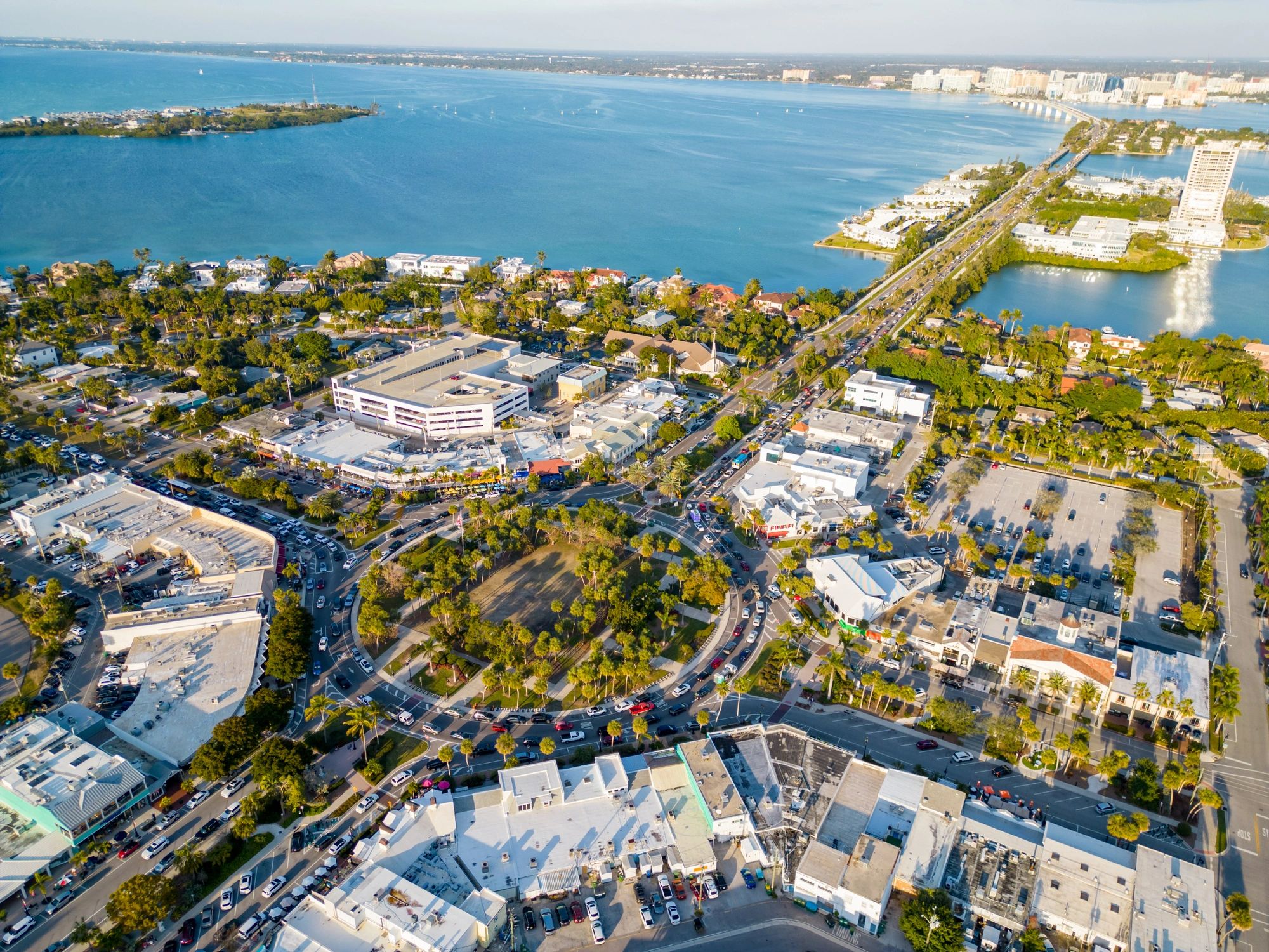 St. Armands Key and Sarasota Bay facing Downtown Sarasota, Bird Key, and the Ringling Bridge.