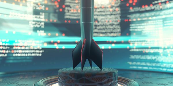 A futuristic rocket model illuminated in a high-tech digital environment.