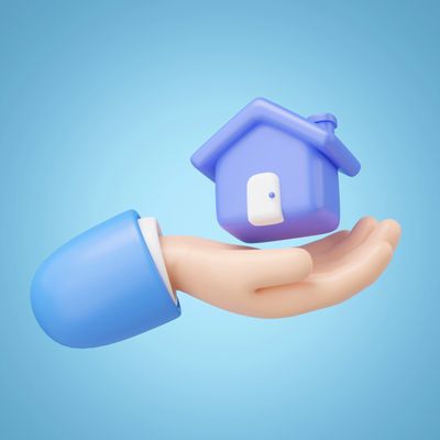 3D hand holding a small purple house on a blue background.