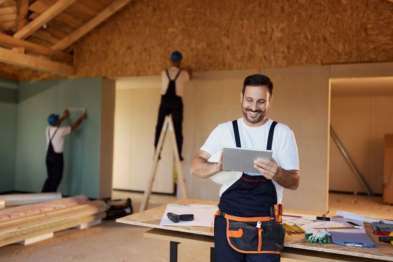 Happy construction worker using digital tablet while working inside of a house under construction. Copy space.