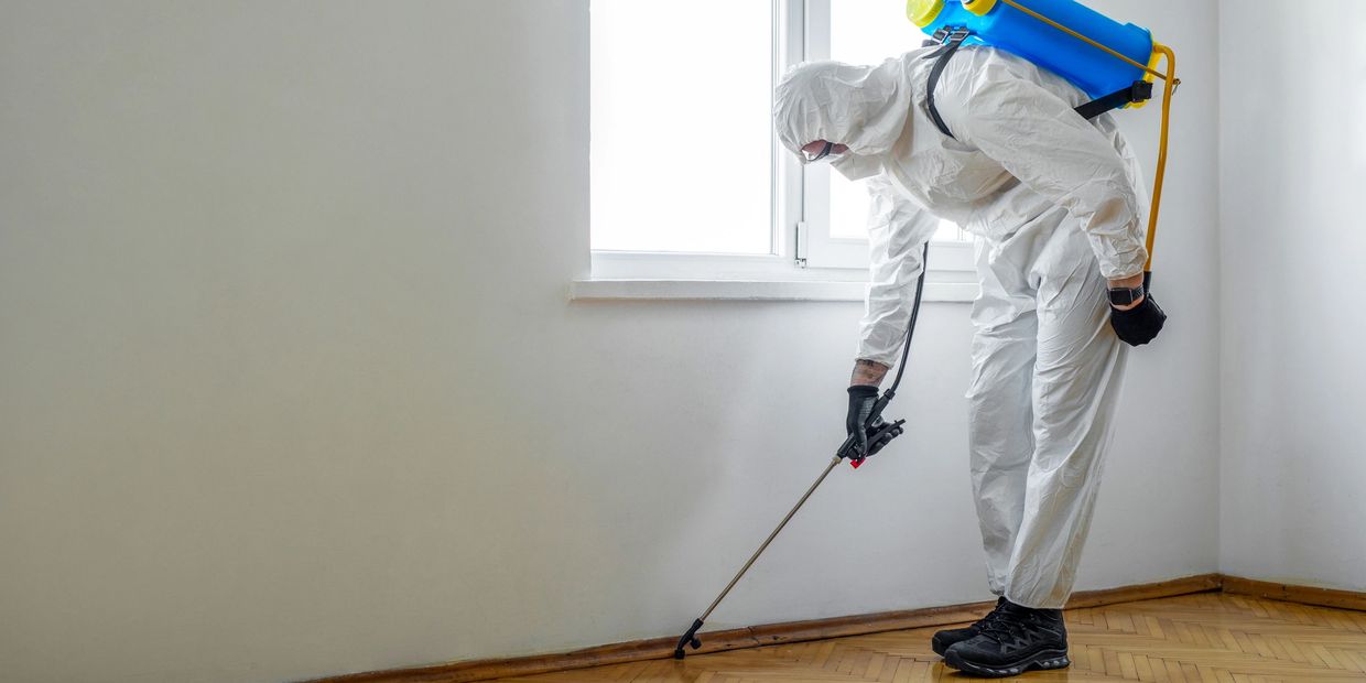 Person in protective suit spraying pest control inside a room.
