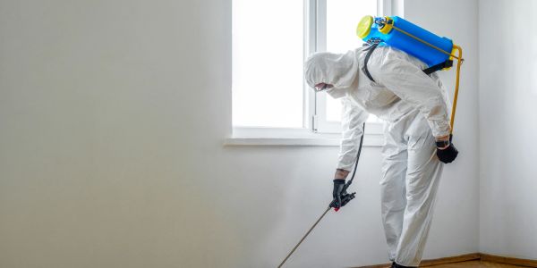 Personne en tenue de protection désinfectant une pièce.