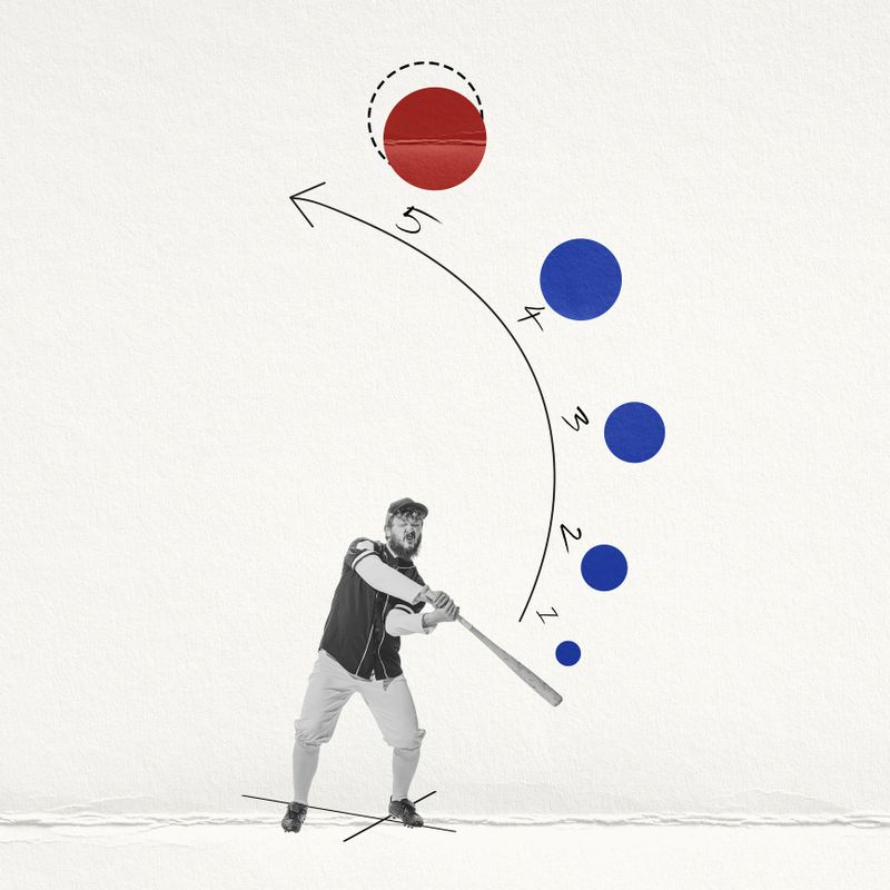 Creative artwork in retro style. Concentrated man, baseball player, batter ready to hit balls with bat. Impact trajectory. Concept of sport, motion, action, creativity, pastel colors, motivation. Ad