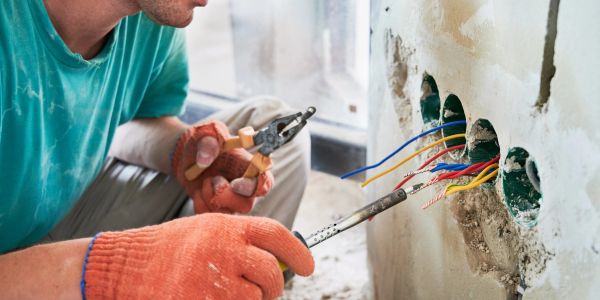 Electrician working on wiring inside a wall.