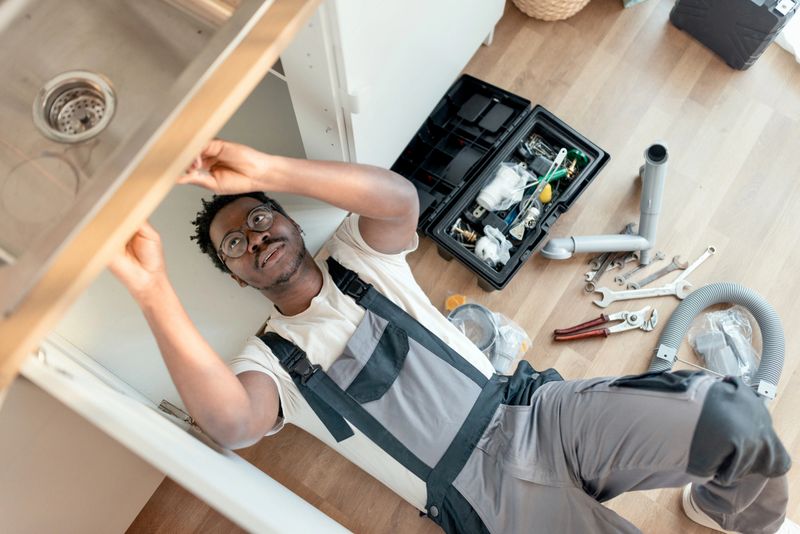 Plumber fixing a leak in the kitchen sink of a house