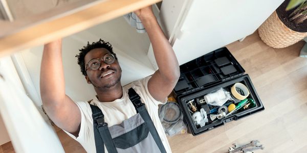 A plumber fixing pipes under a sink with tools beside him.