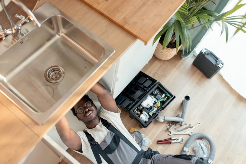 Plumber fixing a leak in the kitchen sink of a house