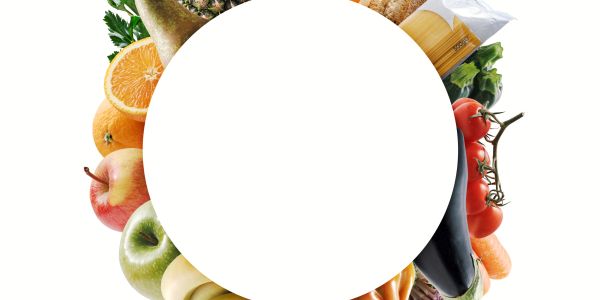 A circular frame of assorted fruits and vegetables with a blank center.