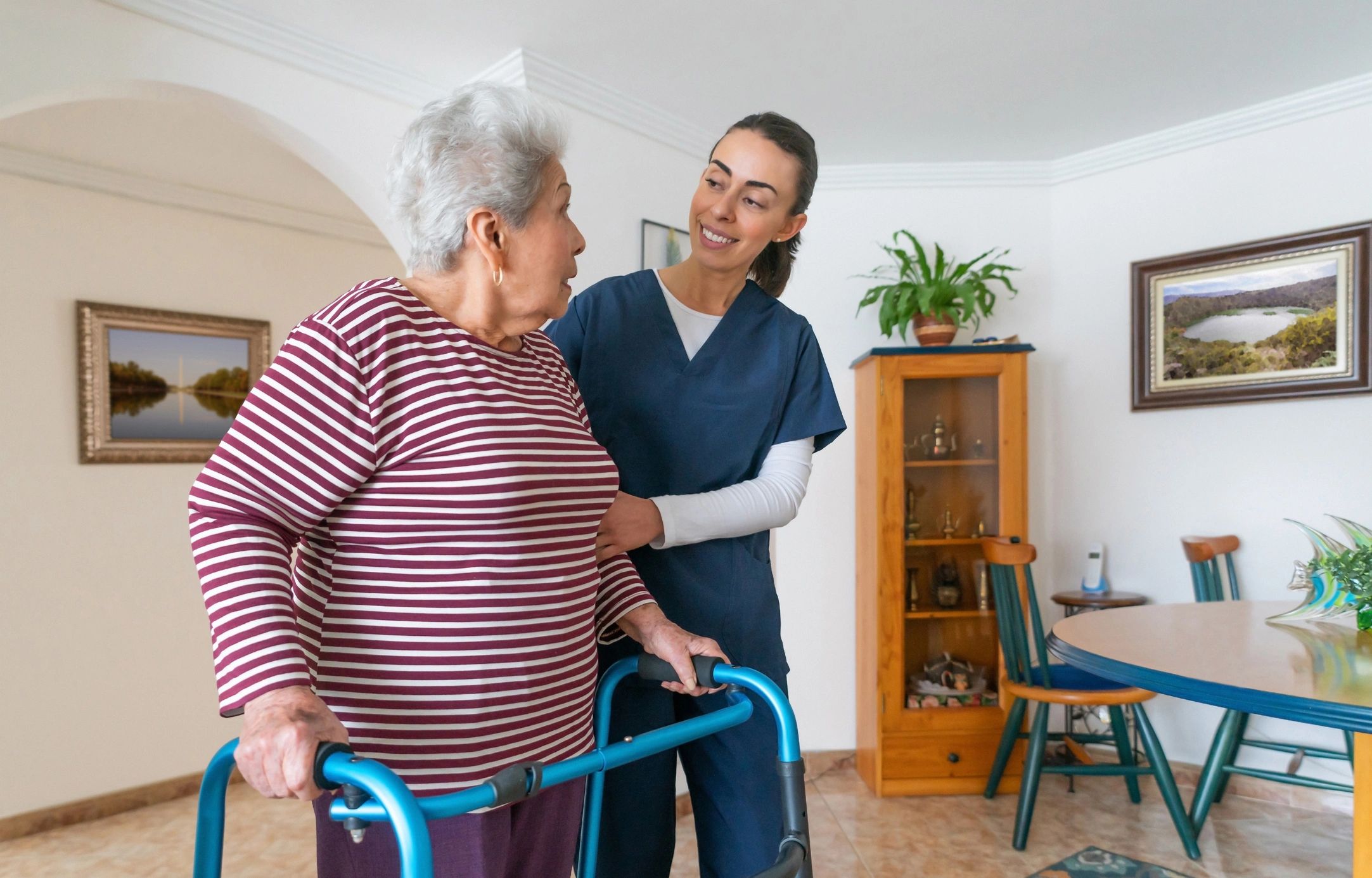 Home care services performed by caregiver in elderly woman's home.