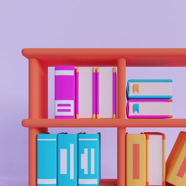 Colorful books on an orange shelf against a purple background.