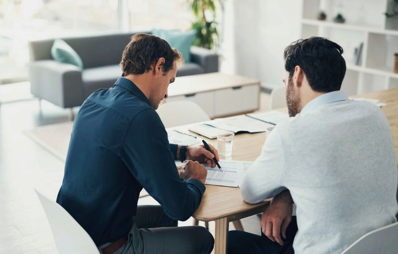Teamwork, finance and investment with a man meeting his broker while talking about portfolio growth. Collaboration, accounting or wealth management with a male employee and trading advisor at work