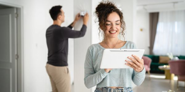 Woman smiling with tablet as man works in background.
