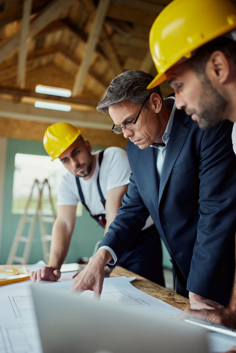 Mature foreman and his workers cooperating while reading housing plans at construction site.