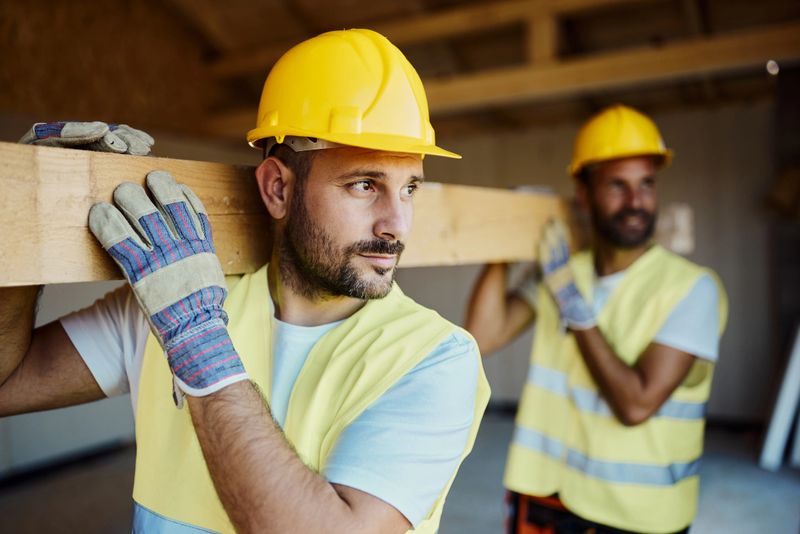 Young worker carrying wood plank with his colleague while working at construction site.