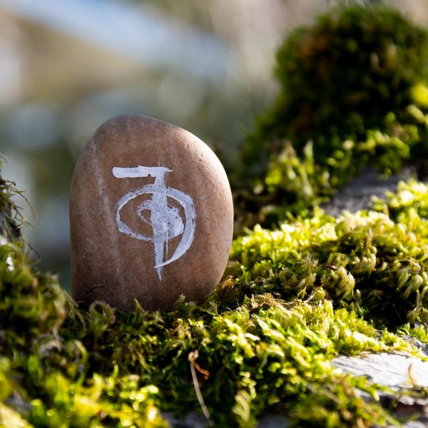 A stone with a white symbol stands amidst green moss in nature.