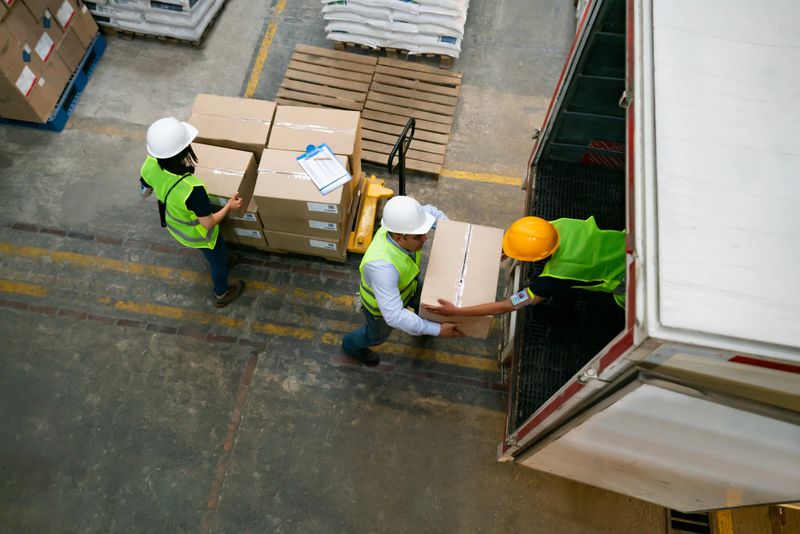 Group of Latin American warehouse workers loading a truck with boxes - freight transportation concepts